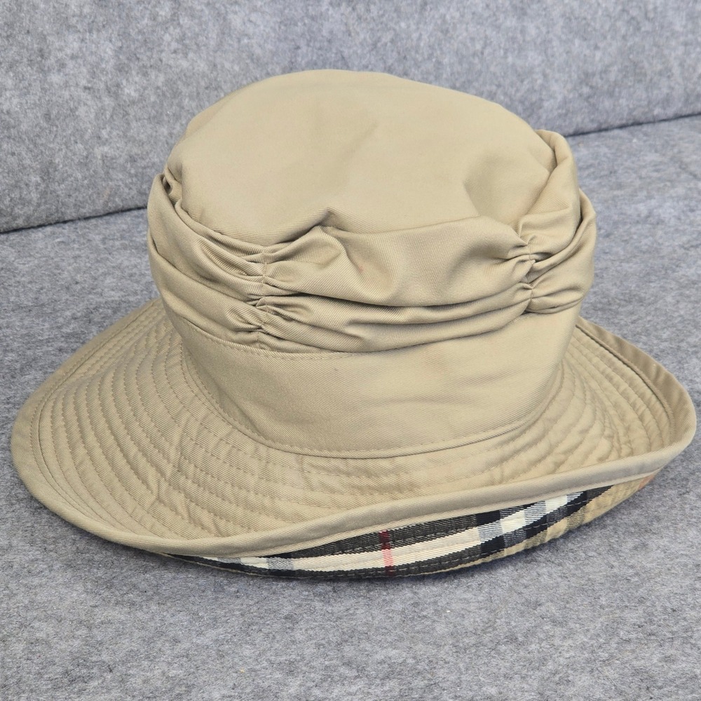 Burberry Bucket Hat Womens 7 Tan Ruched Nova Check Lining Vintage England Clean! - Picture 12 of 16